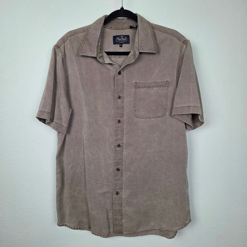 Short Sleeve Shirt Nat Nast Mens Medium Brown Textured Silk Blend Button Down